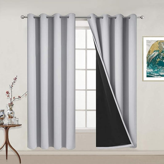 Yakamok 100% Blackout Lined Panels, Thermal Insulated Blackout Curtains for Bedroom, Heat Blocking Drapes for Living Room(52Wx63L, Light Grey, 2 Panels)