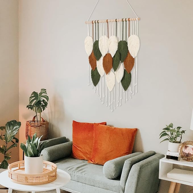 KHOYIME Macrame Wall Hanging Boho Woven Tapestry, Chic Home Decor Modern Bohemian Handmade Leaf Feather Wall Art Decorations for Apartment Dorm Living Room Bedroom Nursery Backdrop 23.6" W X 29.5" L