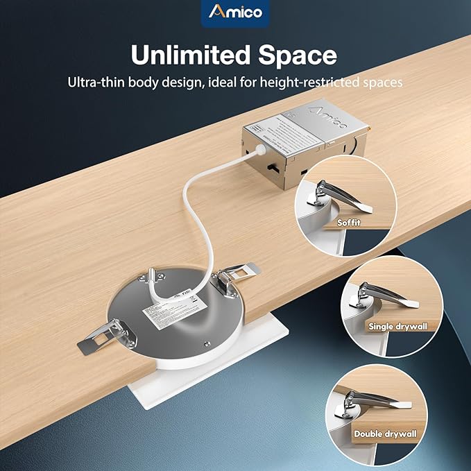 Amico 6 Pack 4 Inch Ultra-Thin LED Square Recessed Light with Junction Box, 5CCT 2700K/3000K/3500K/4000K/5000K Selectable, 700LM Brightness, Dimmable Canless Wafer Downlight, 10W, ETL&FCC