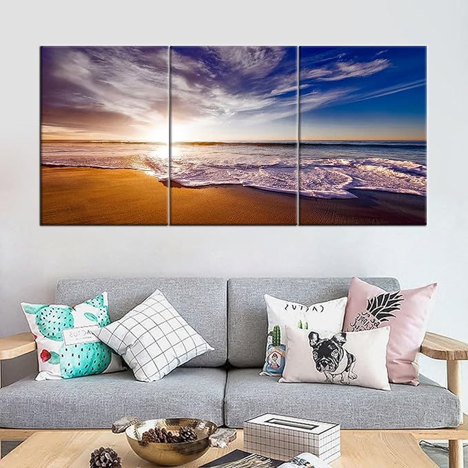 Landscape Wooden Framed Canvas Wall Art Beach Sunset Posters Print Summer Seascape Painting Artwork for Modern Home Living Room Dinning Room Hotel Picture Wall Decoration Ready to Hang [60''W x 28''H]