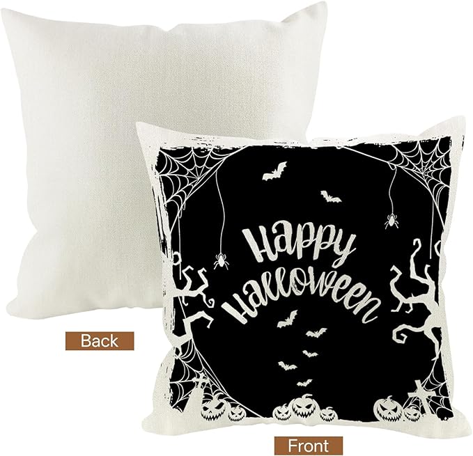 Halloween Pillow Covers 16x16 inch Set of 4, Linen Outdoor Pumpkin Spider Web Vintage Farmhouse Party Supplies Black and White Decorations for Sofa Couch