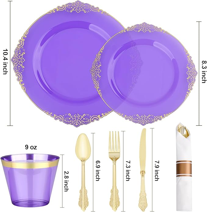 350 PCS Purple and Gold Plastic Plates, Disposable Dinnerware Set for 50 Guests, 100 Disposable Plates, 150 Silverwares, 50 Cups, 50 Napkins for Party, Wedding, Graduation
