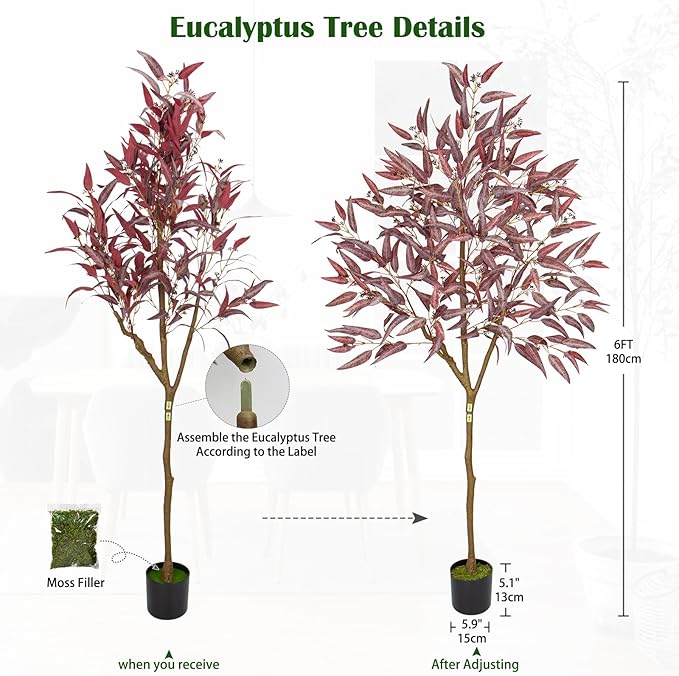 Briful 6ft Artificial Eucalyptus Tree in Black Pot, Realistic Silk Potted Floor Plant Eucalyptus Plant for Home Decor Indoor Outdoor Patio Office, Burgundy Leaf