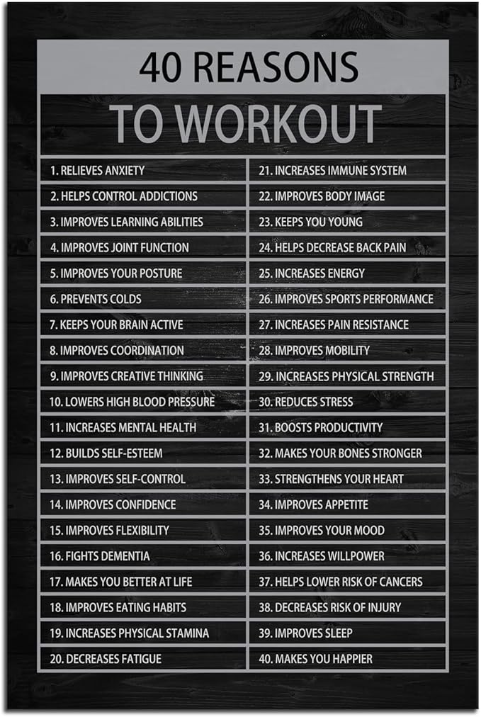 40 Reasons to Workout Motivational Quotes Exercise Canvas Wall Art Inspirational Fitness Poster Print Modern Inspiring Picture Painting Framed Artwork for Office Gym Home Wall Decor[12''W X 18''H]