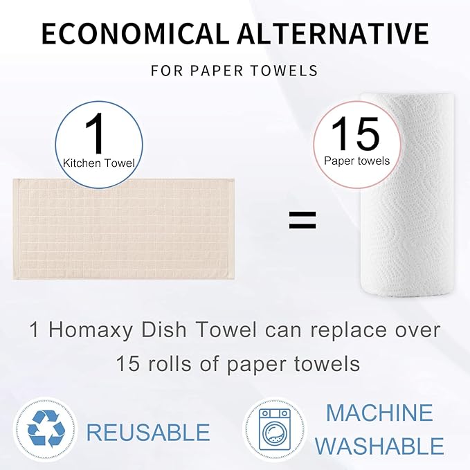 Homaxy 100% Cotton Terry Kitchen Towels(Beige, 13 x 28 inches), Checkered Designed, Soft and Super Absorbent Dish Towels, 4 Pack