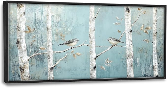 Flintis Large Birch Tree Bird Framed Wall Art Forest Birds Pictures Wall Decor Abstract Natural Landscape Canvas Painting Print Artworks Framed for Living Room Bathroom Master Bedroom 60L X 30W