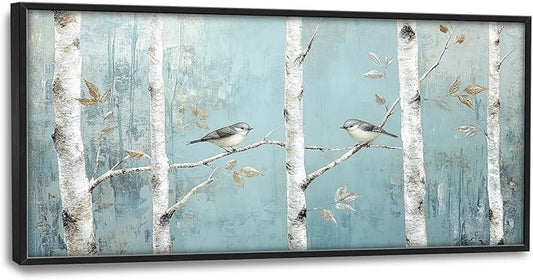Flintis Large Birch Tree Bird Framed Wall Art Forest Birds Pictures Wall Decor Abstract Natural Landscape Canvas Painting Print Artworks Framed for Living Room Bathroom Master Bedroom 60L X 30W