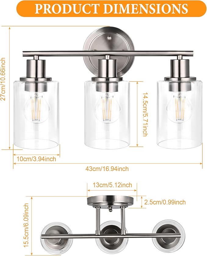 Brushed Nickel 3-Light Vanity Lights for Bathroom, 3-Light Brushed Nickel Bathroom Vanity Light Fixture Over Mirror, Silver Three Bulb Wall Sconce Over Sink