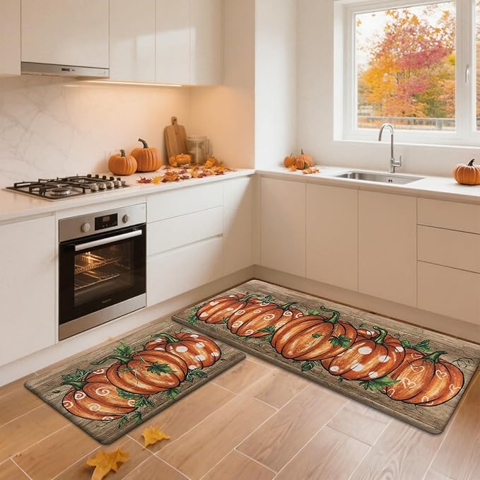 SHACOS Fall Anti Fatigue Kitchen Mats 2 Pcs Orange Pumpkins Wood Board Autumn Harvest Non Slip Cushioned Floor Mat for Kitchen Ergonomic Standing Mats Fall Decor, 17x27.5+17x47, Orange Pumpkins