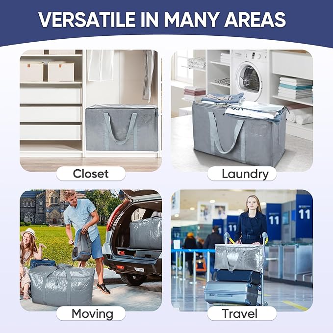 TICONN 6 Pack Extra Large Moving Bags with Zippers & Carrying Handles, Heavy-Duty Storage Tote Moving Boxes for Space Saving (6 Pack, Light Grey)