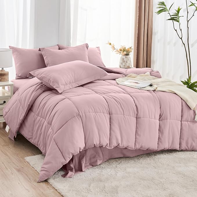 JOLLYVOGUE Twin Comforter Set, Ultra-Soft Bed in a Bag Twin Size 5 Pieces, Oeko-TEX Certified Bedding Set with Down Alternative Comforter, Sheets, Pillowcases & Shams, Camio Pink