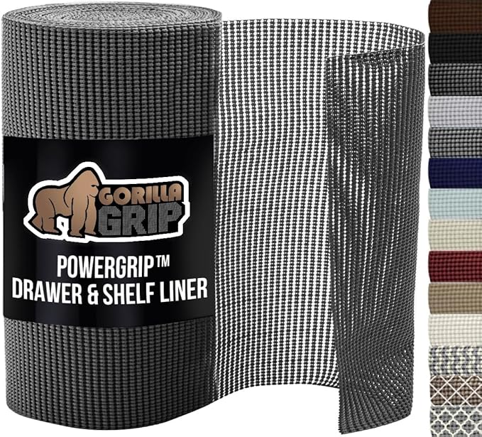 GORILLA GRIP powerGRIP Drawer Shelf and Cabinet Liner, Thick Strong Hold, Non-Adhesive Liners Protect Kitchen Cabinets and Cupboard, Bathroom Drawers, Easy Install, Breathable Mat, 20" x30', Charcoal