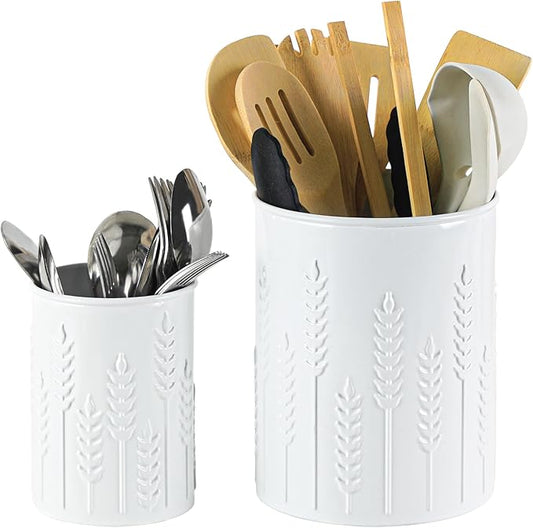 2 Pack Metal Utensil Holder for Kitchen Counter, 7.3"+5.4" Large Cooking Utensil Organizer Ear of Wheat Pattern Embossed Utensil Caddy for Party Cutlery Tool Holder Storage, White