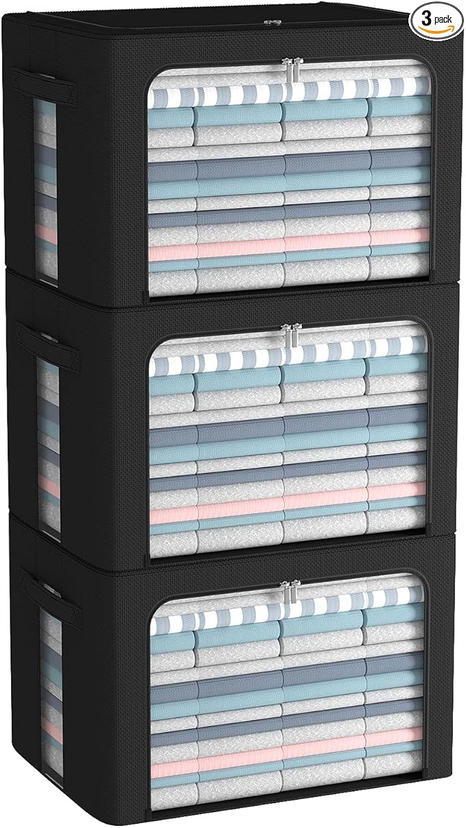 3Pack Foldable Storage Bins - Frame Storage Box Linen Fabric Stackable Clothes Container Organizer with Clear Window & Carry Handles Large Capacity (Large-66L, Black)