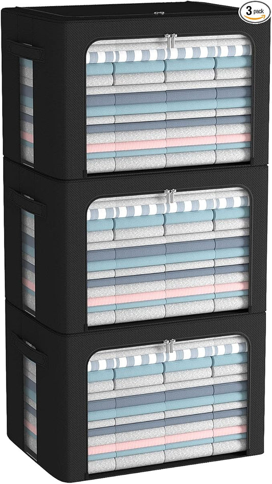 3Pack Foldable Storage Bins - Frame Storage Box Linen Fabric Stackable Clothes Container Organizer with Clear Window & Carry Handles Large Capacity (Large-66L, Black)
