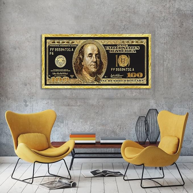 Large Size Motivational Framed Wall Pictures 100 Golden Dollar Money Artwork Posters Prints Culture Style Street Art Inspirational Canvas Painting Wall Art for Kids Room Studio Ready to Hang-48"Wx24"H