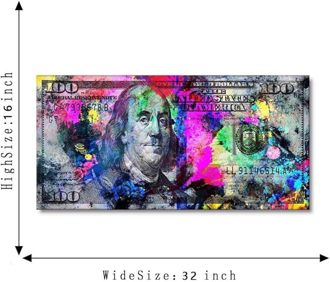 Colorful 100 Dollars Bill Wall Art Giclee Canvas Print Office Decor Money Pop Art Entrepreneur Motivational 100 Bill Cash Benjamin Franklin Dollar Print Art for Study Room Gym Coffee Shop-32"Wx16"H