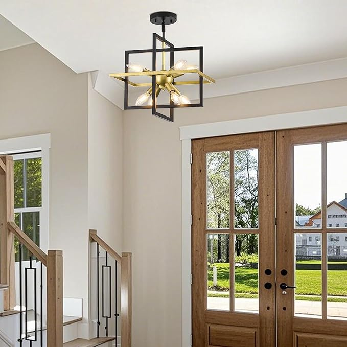 Small Modern Lantern Chandeliers, Geometric Black Gold Pendant Light Fixture, 8-Light Industrial Hanging Chandelier for Dining Room, Kitchen, Bedroom, Foyer, Entryway-UL Listed