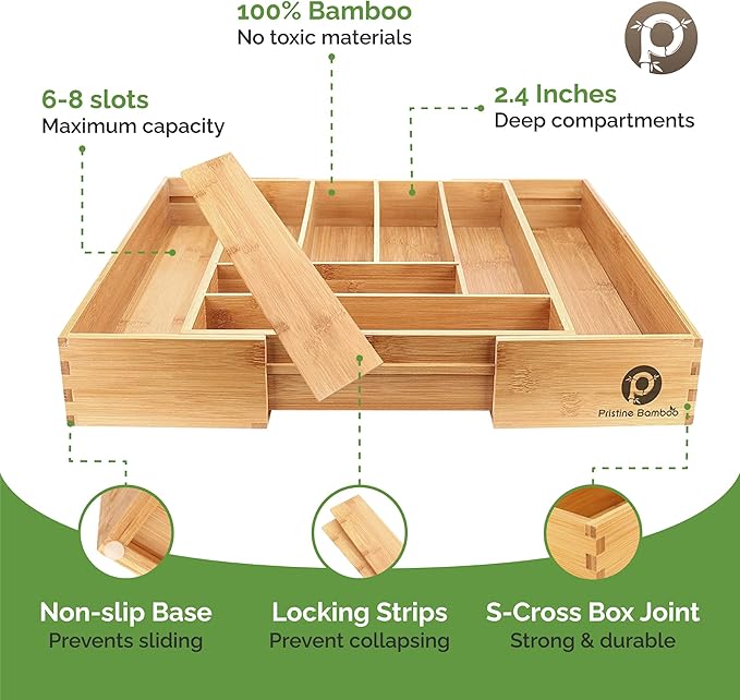 Silverware Tray for Drawer Organizer,Kitchen Drawer Organizer,Cutlery Organizer in Drawer, Flatware Silverware Holder, Expandable Adjustable Wooden Dividers (8-slots)