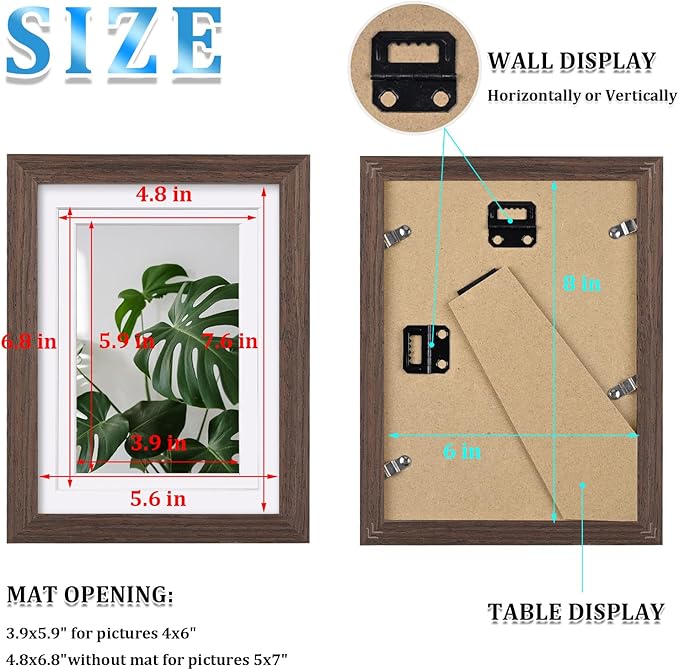 Egofine 6x8 Picture Frames Set of 4, Made of Solid Wood Covered by Plexiglass 4x6 and 5x7 with Mat or 6x8 without Mat, for Table Top Display and Wall Mounting Photo Frame Brown