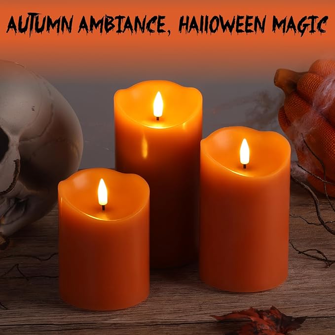 Eywamage Orange Flameless Pillar Candles with Remote, Halloween Fall LED Candles Battery Operated Real Wax, Set of 3