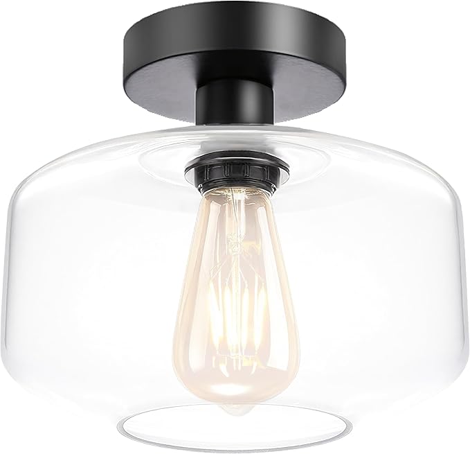 Semi Flush Mount Ceiling Lights, Industrial Ceiling Light, Glass Pendant Lamp Shade,11.8'' Inches Pendant Light Fixtures for Hallway, Entryway, Farmhouse, Kitchen (Black)