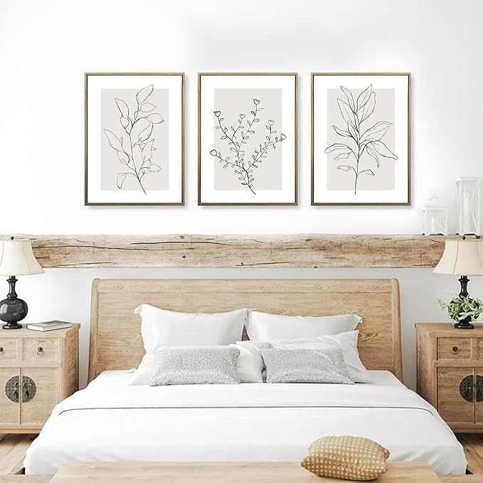WRFON Neutral Botanical Canvas Wall Art, Minimalist Black Line Flower Poster Prints, Boho Beige Floral Wall Decor, Abstract Plant Leaf Aesthetic Picture for Bedroom Living Room Framed 12"x16"x3