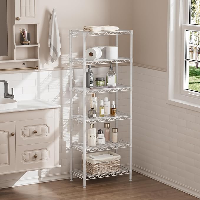 SINGAYE 6 Tier Shelf Adjustable Storage Wire Shelving Unit Metal Shelves Standing Closet Bathroom Organizers Pantry Kitchen Garage Laundry Room Organization Home Rack 12" D X 22" W X 69.5" H White