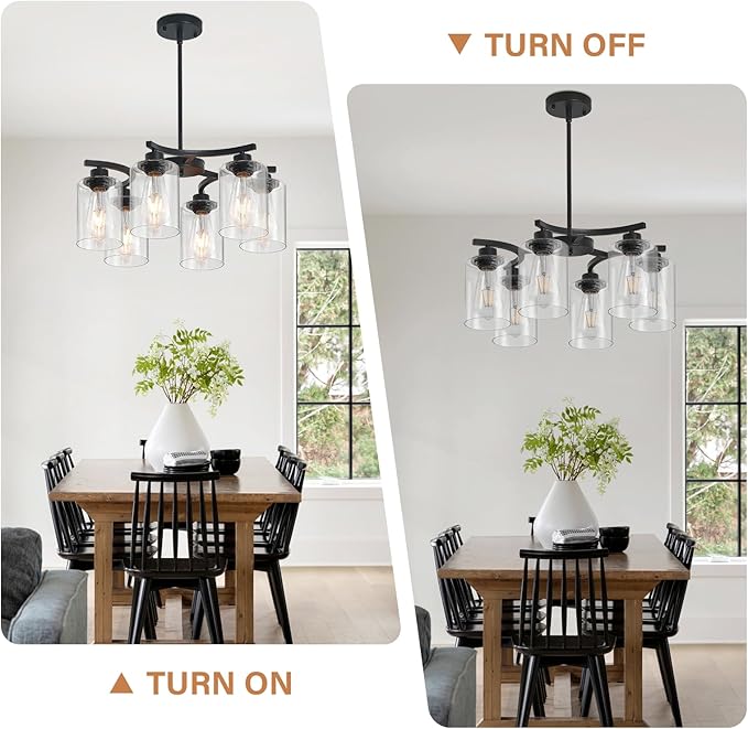 6-Light Modern Farmhouse Black Chandeliers for Dining Room,20.8" Kitchen Island Black Chandelier Over Table,Adjustable Height Hanging Pendant Lights,Clear Glass Shade Ceiling Light Fixture