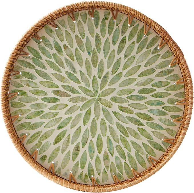 Round Rattan Tray with Mother of Pearl Inlay, Rattan Serving Tray with Wooden Base, Decorative Wicker Basket for Table Decor, Storage and Display of Coffee Bread Food Fruit (Leaf)