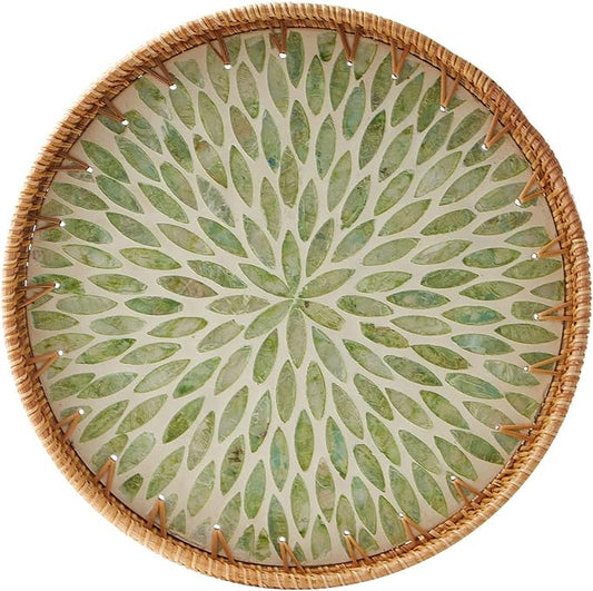 Round Rattan Tray with Mother of Pearl Inlay, Rattan Serving Tray with Wooden Base, Decorative Wicker Basket for Table Decor, Storage and Display of Coffee Bread Food Fruit (Leaf)