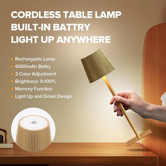 LUTEC 2 Pack Cordless Table Lamp,6000mAh Rechargeable Battery Operated Desk Lamp,Two Adjustable Heights,Waterproof, Touch Control & 3 Color Stepless Dimming for Restaurant/Bedroom/Bars/Outdoor (Gold)