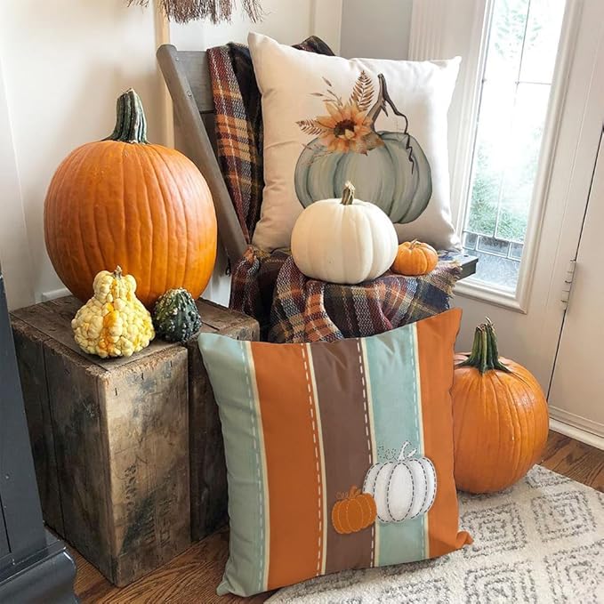 AACORS Fall Pillow Covers 20 x 20 Inch Set of 4, Pumpkin Vase Harvest Floral Pumpkin Spice Decorations Autumn Seasonal Pillow Case Decor for Sofa Couch AA560-20