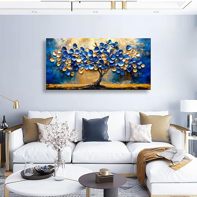 Abstract Tree Canvas Wall Art Bedroom Wall Decor Living Room,Blue and Gold Leaf Wall Art Office Paintings Artwork Modern Ginkgo Tree Leaves Pictures Art Prints Waterproof Ready to Hang-20x40inch