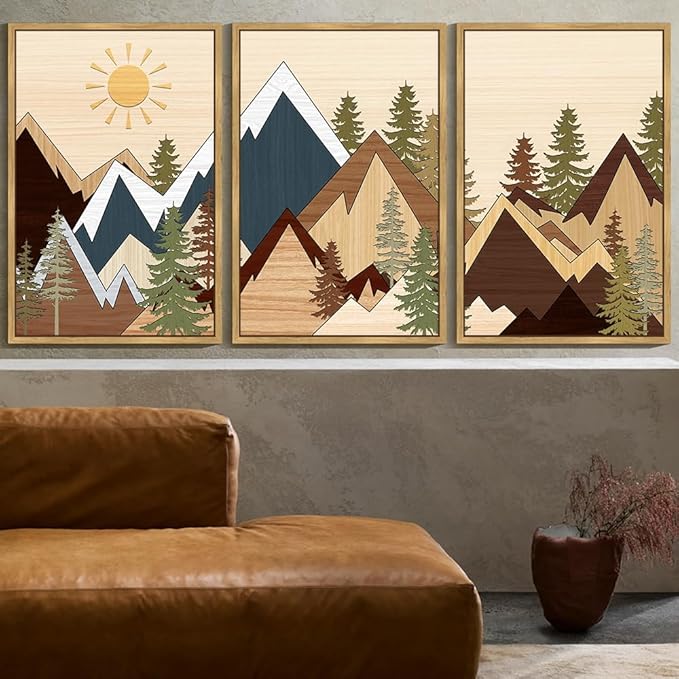 KUVIOKE Morden Mountains Pine Tree Forest Framed Wall Art Sunrise Boho Nature Landscape Artwork Bohemain Farmhouse Bedroom Living Room Decor 24x36in (Natural Framed)