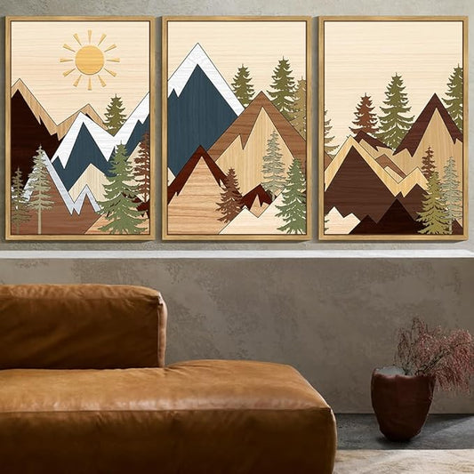 KUVIOKE Morden Mountains Pine Tree Forest Framed Wall Art Sunrise Boho Nature Landscape Artwork Bohemain Farmhouse Bedroom Living Room Decor 24x36in (Natural Framed)