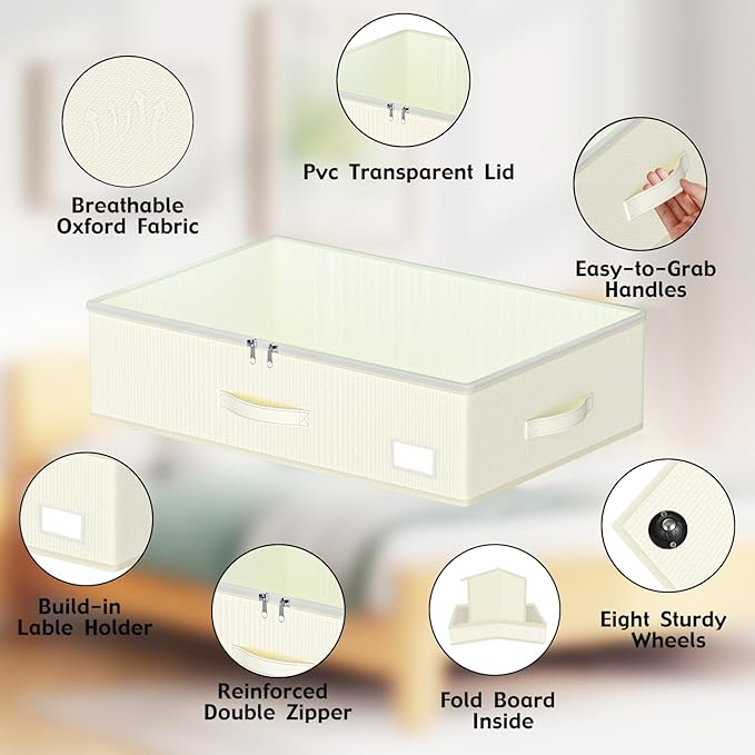 Under Bed Storage with Wheels, No Assemble Required 7.5 inches height Under Bed Storage bins,Large capacity Rolling Under bed Shoe Storage containers，dorm under bed storage drawers