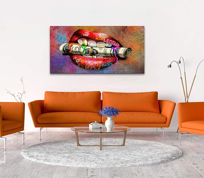 Large Size Canvas Sexy Red Lips with Rolled Dollar Wall Art Abstract Creative Modern Home Decor Artwork for Home Walls Large Prints Inspirational Framed Posters Gift Choice for Men and Women-48"Wx24"H