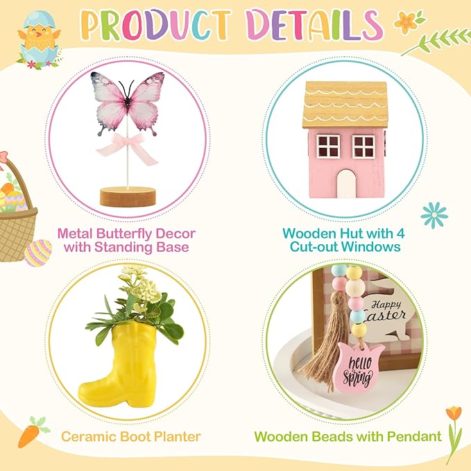 Spring Decorations, 8 Pieces Easter Spring Tiered Tray Decor, Home Office Table Shelf Decor Gifts, Tray Objects Decoration Bundle Bunny Bead Garland Wood Plaques Signs Decorative Ornament Set