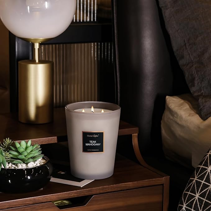 HomeLights Premium Scented Candles - 33.3 oz Natural Soy Wax, Aromatherapy for Home, Long Lasting Smokeless, 130 hrs Burn Time, 3 Cotton Wicks, Gifts for Women & Men - Teak Mahogany