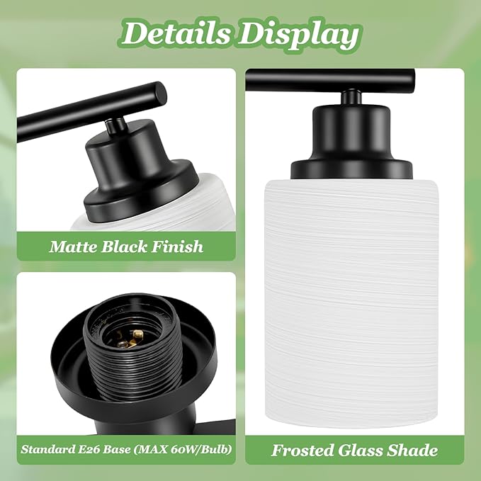 4-Light Matte Black Vanity Lights for Mirror, Bathroom Light Fixtures with Milky White Frosted Striped Glass Shade, Modern Kitchen Light Fixtures Wall Sconce Light - E26 Base