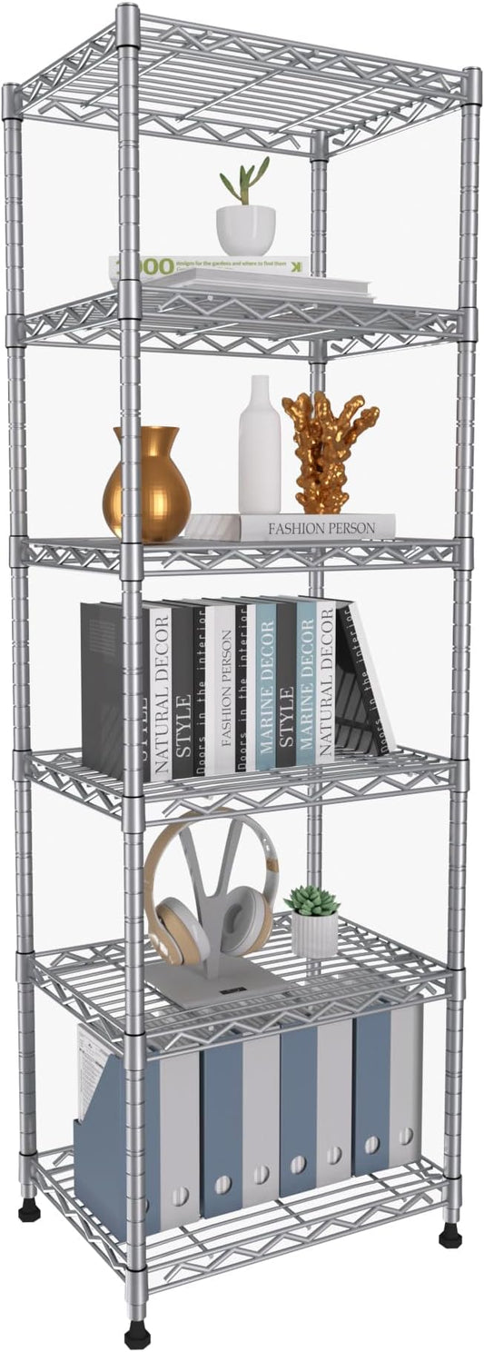 GIOTORENT 6-Tier Storage Shelves Standing Shelving Metal Units, Adjustable Height Wire Shelf Display Rack for Pantry Laundry Bathroom Kitchen 16.6” x 11.8” x 63”, Silver