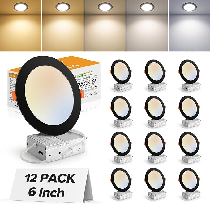 MAILCOS 12 Pack 6 Inch 5CCT Black Ultra-Thin LED Recessed Lighting with Junction Box, 2700K-5000K Selectable, 1050LM High Brightness, Dimmable Canless Wafer Downlight, 12W 120V, ETL