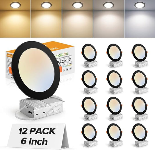 MAILCOS 12 Pack 6 Inch 5CCT Black Ultra-Thin LED Recessed Lighting with Junction Box, 2700K-5000K Selectable, 1050LM High Brightness, Dimmable Canless Wafer Downlight, 12W 120V, ETL