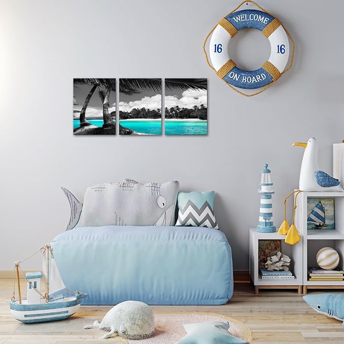 SkenoArt 3 Panels Teal Canvas Wall Art Black and White Hawaii Beach Pictures Tropical Palm Tree Artwork Giclee Prints for Bathroom Office Wall Decoration Framed Ready to Hang Each Piece 12"x16"