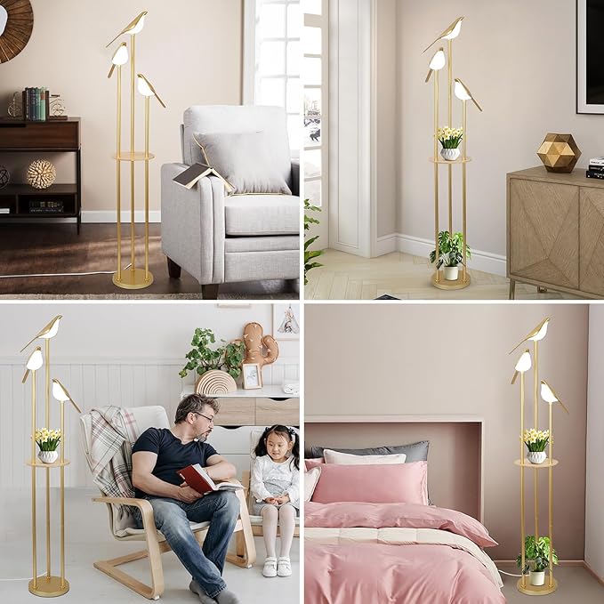 Gold Floor Lamps for Living Room, Modern Floor Lamp with Shelves, Mid Century Standing Lamp with 3 Adjustable LED Bird Lights, Corner Tall Lamp with Table, Brass Stand up Lamp for Bedroom Kids Room