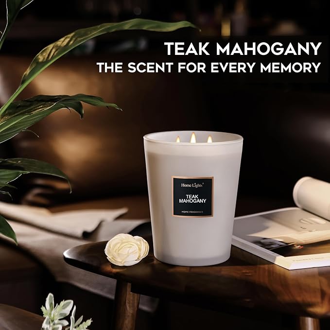 HomeLights Premium Scented Candles - 33.3 oz Natural Soy Wax, Aromatherapy for Home, Long Lasting Smokeless, 130 hrs Burn Time, 3 Cotton Wicks, Gifts for Women & Men - Teak Mahogany