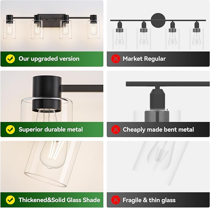 4-Light Modern Vanity Light Fixtures Over Mirror, Matte Black Bathroom Light Fixtures, Vanity Lights, Wall Sconce with Clear Glass Shade for Bathroom, E26 Base