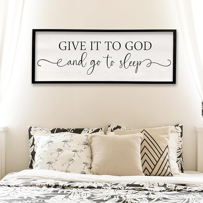 Surfapans Give It To God And Go To Sleep Sign Wall Decor Above Bed 40"x15" Master Bedroom Guest Room Over Bed Wood Rustic Framed Wall Art (Black)
