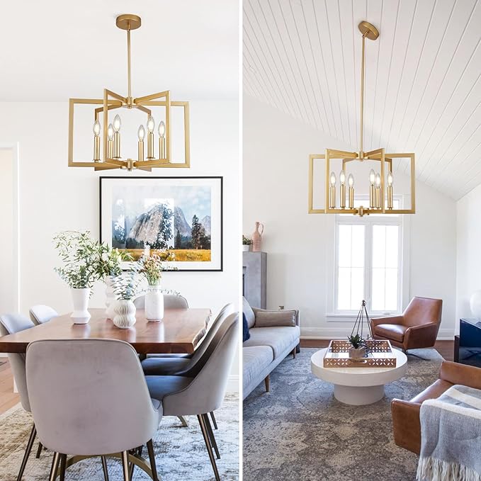 Dining Room Light Fixture Gold 6 Lights Modern Wrought Iron Farmhouse Chandelier Kitchen Island Lighting Golden Pendant Light for Living Room Foyer Entryway, E12 Socket, Height Adjustable,21.2"